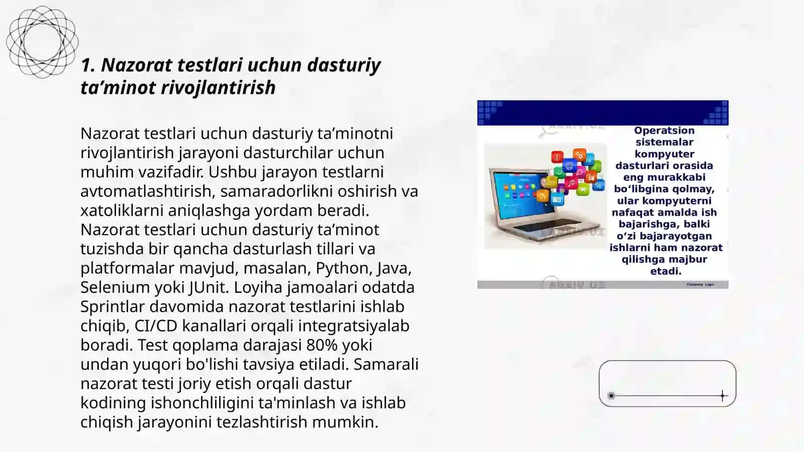 Nazorat testlari uchun dasturiy ta'minotni rivojlantirish 3