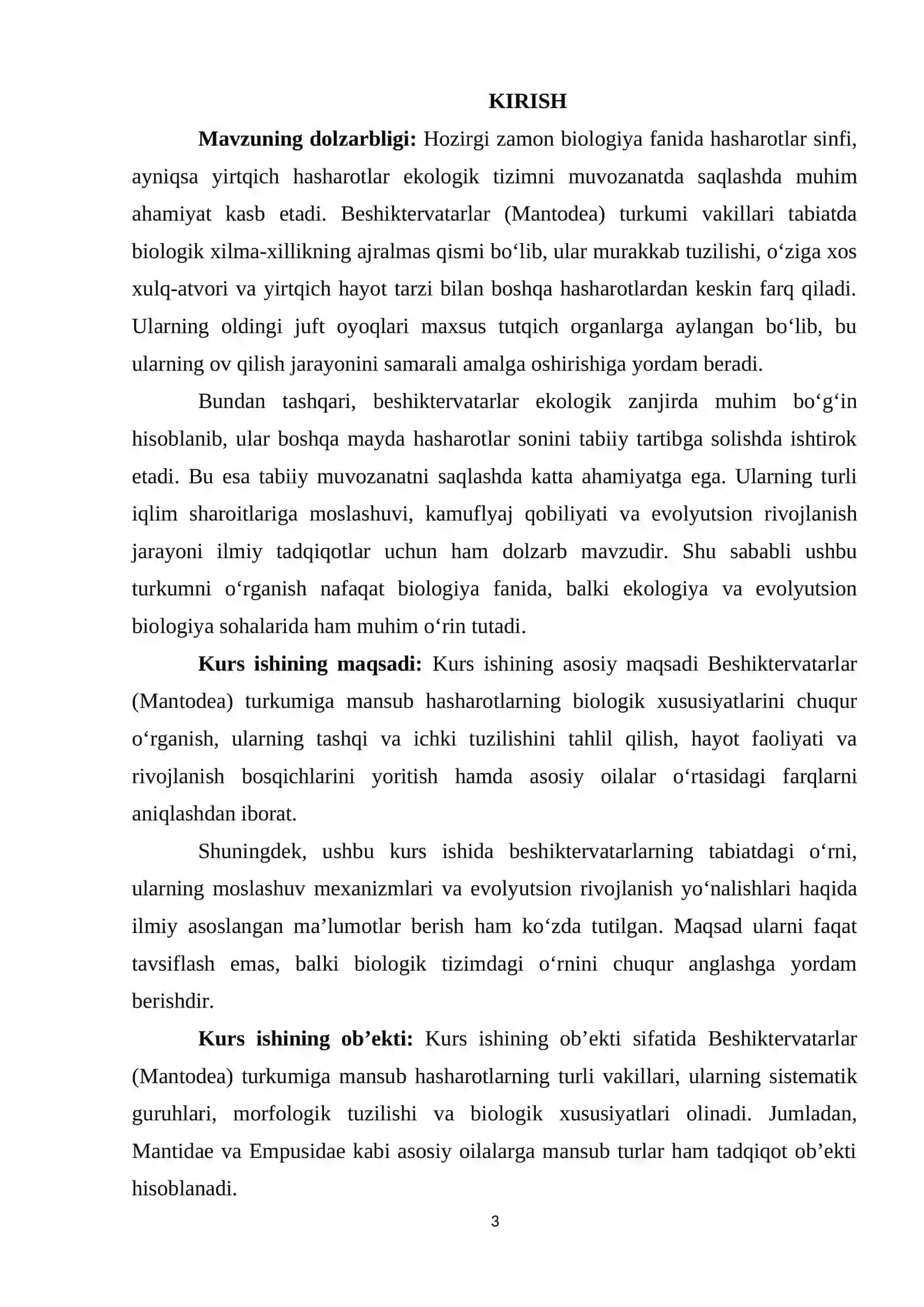 BESHIKTERVATARLAR TURKUMI VAKILLARINING O'ZIGA HOS TUZULISHI ASOSIY TURKUMLARNING BIOLOGIK TOMONLARI. 3