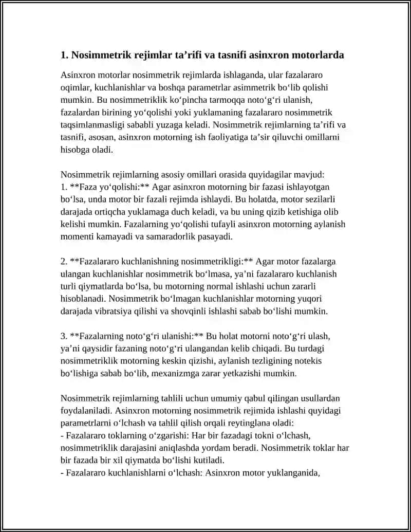 ASINXRON MOTORLARNING NOSIMMETRIK REJIMLARDA ISHLASH SHAROITLARINI OʻRGANISH 3