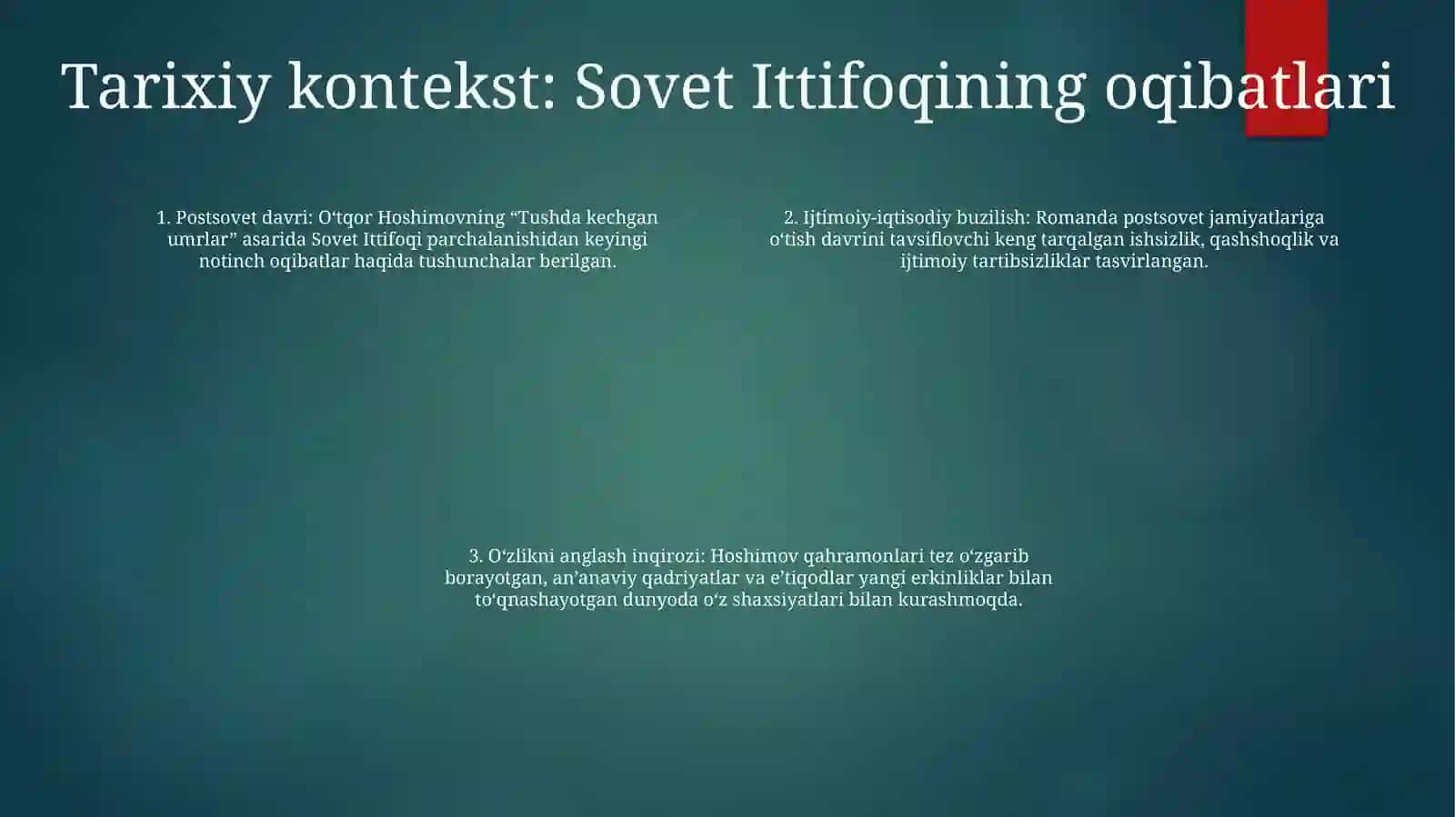 OʻTkir Hoshimovning ʼʼTushda Kechgan Umrlar ʼʼ Asari BoʻYicha Taqdimot 3