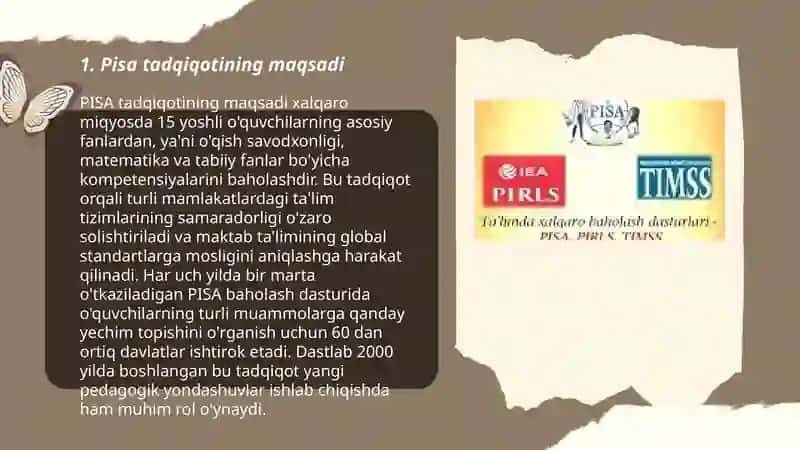 Pisa tadqiqoti haqida umumiy ma'lumot.Pirls tadqiqotlarida o'qish savodxonligi.Matematik savodxonlik talqini va uni tashkil qiluvchi aqliy faoliyat turlari 3