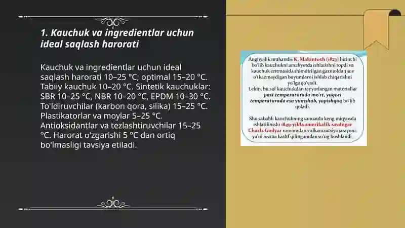 Kauchuk va ingredientlarni saqlash va texnik shart asosiga mosligi 3