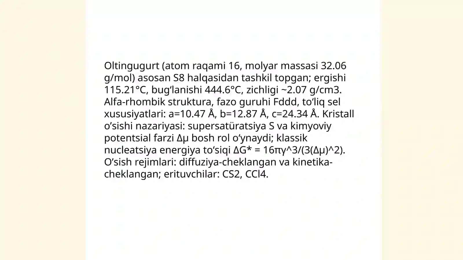 Oltingugurt kristallarini oʼstirish 3