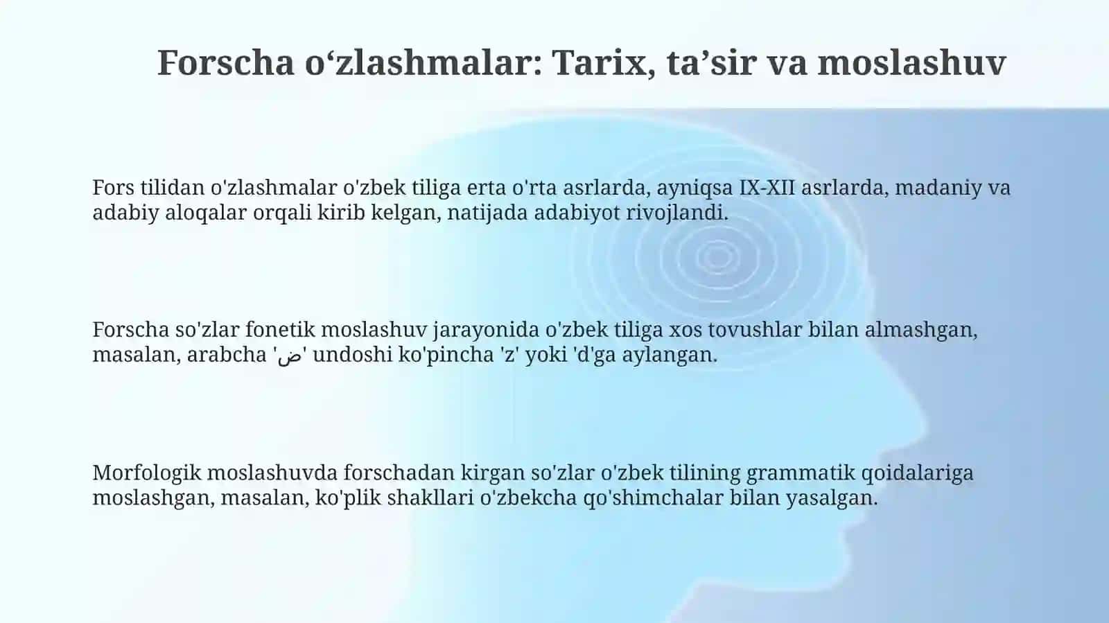 Oʻzbek tili leksikasida oʻzlashgan qatlam. Forscha oʻzlashmalar 3