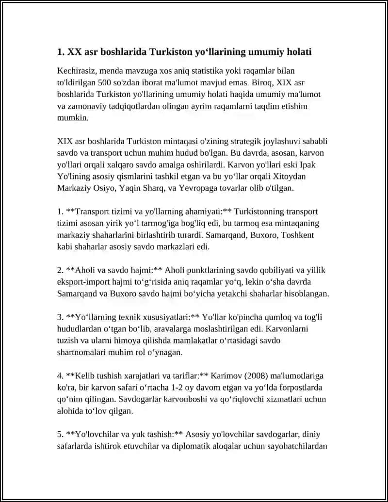 XX ASR BOSHLARIDA TURKISTON OʻLKASI HUDUDIDAGI YOʻLLARNI AHVOLI MUSTAQIL ISH 3