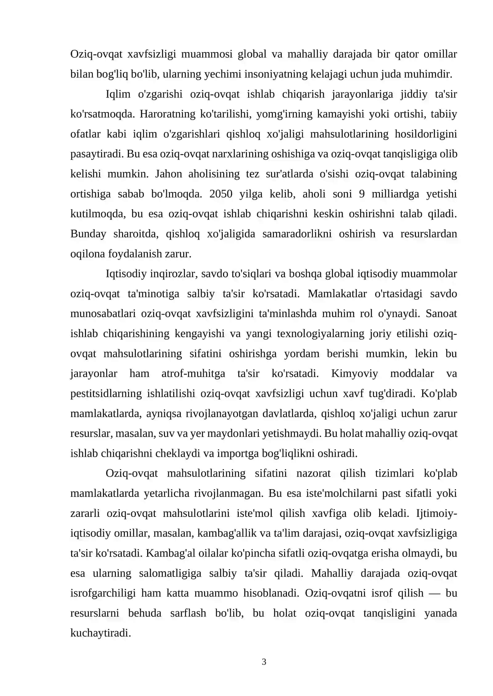 OZIQ-OVQAT XAVFSIZLIGI. GLOBAL VA MAHALLIY MUAMMOLAR 3
