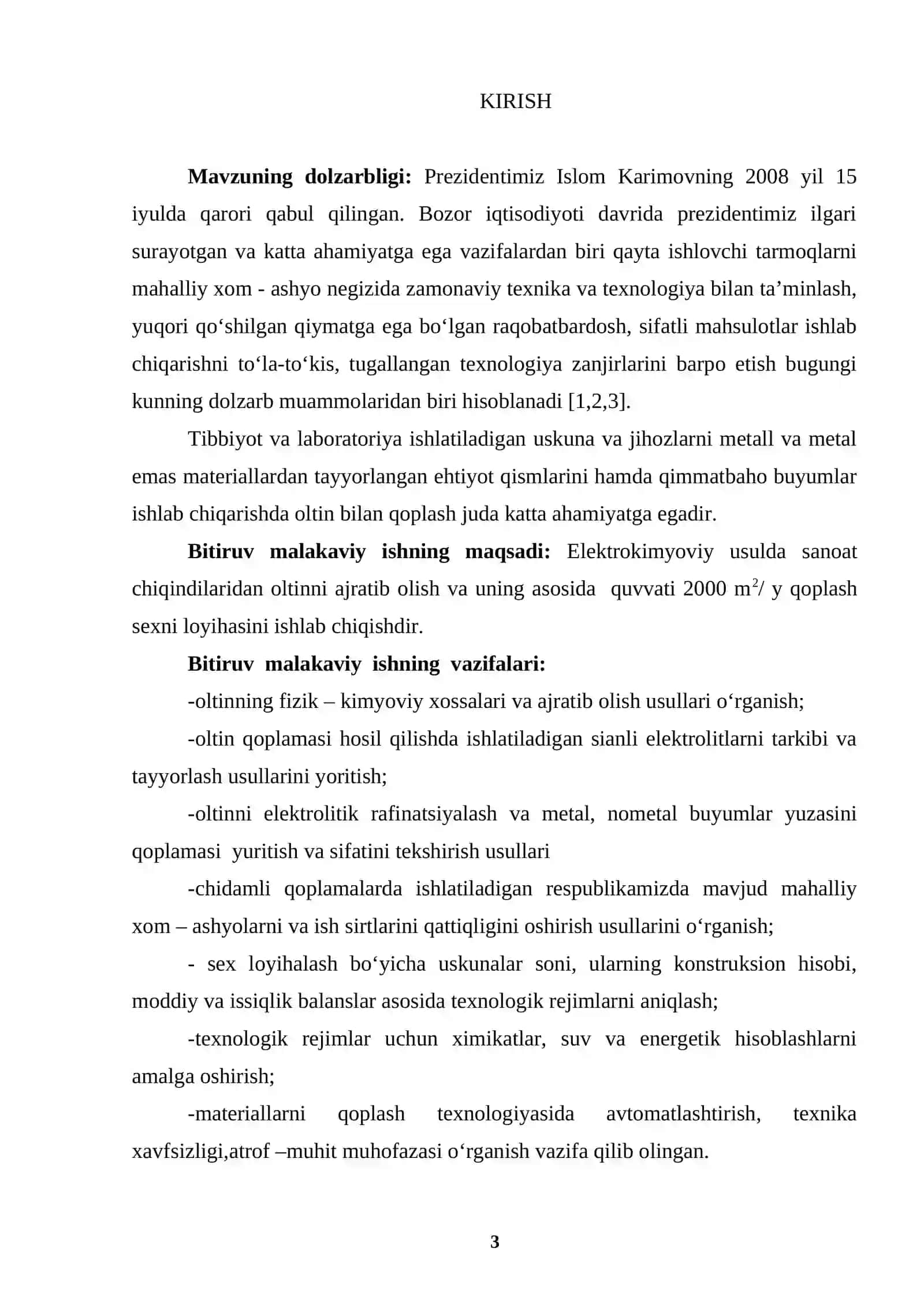 Elektrokimyoviy usulda sanoat chiqindilaridan oltinni ajratib olish va qoplash sexi (quvvati 2000 m2/ yil)ni loyihalash 3