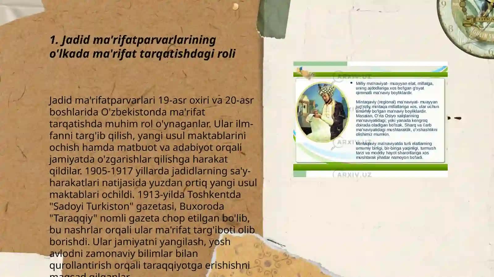 Jadid ma'rifatparvarlarining o'lka ijtimoiy-ma'naviy hayotida tutgan o'rni (Munavvar Qori, Fitrat Behbudiy, Avloniy va boshqalar) 3