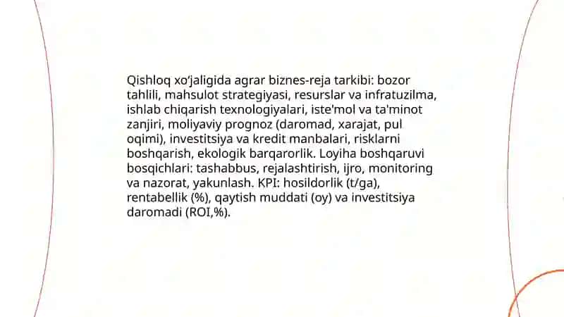 Tadbirkorlik faoliyat yonalishlari: qishloq xŏjaligi, moliya, ulgurji va chakana savdo, xizmatlari 3