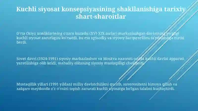 O'zbekiston tarixida kuchli siyosat konsepsiyasining shakllanishi,bosqichlari va rivojlanishi 3