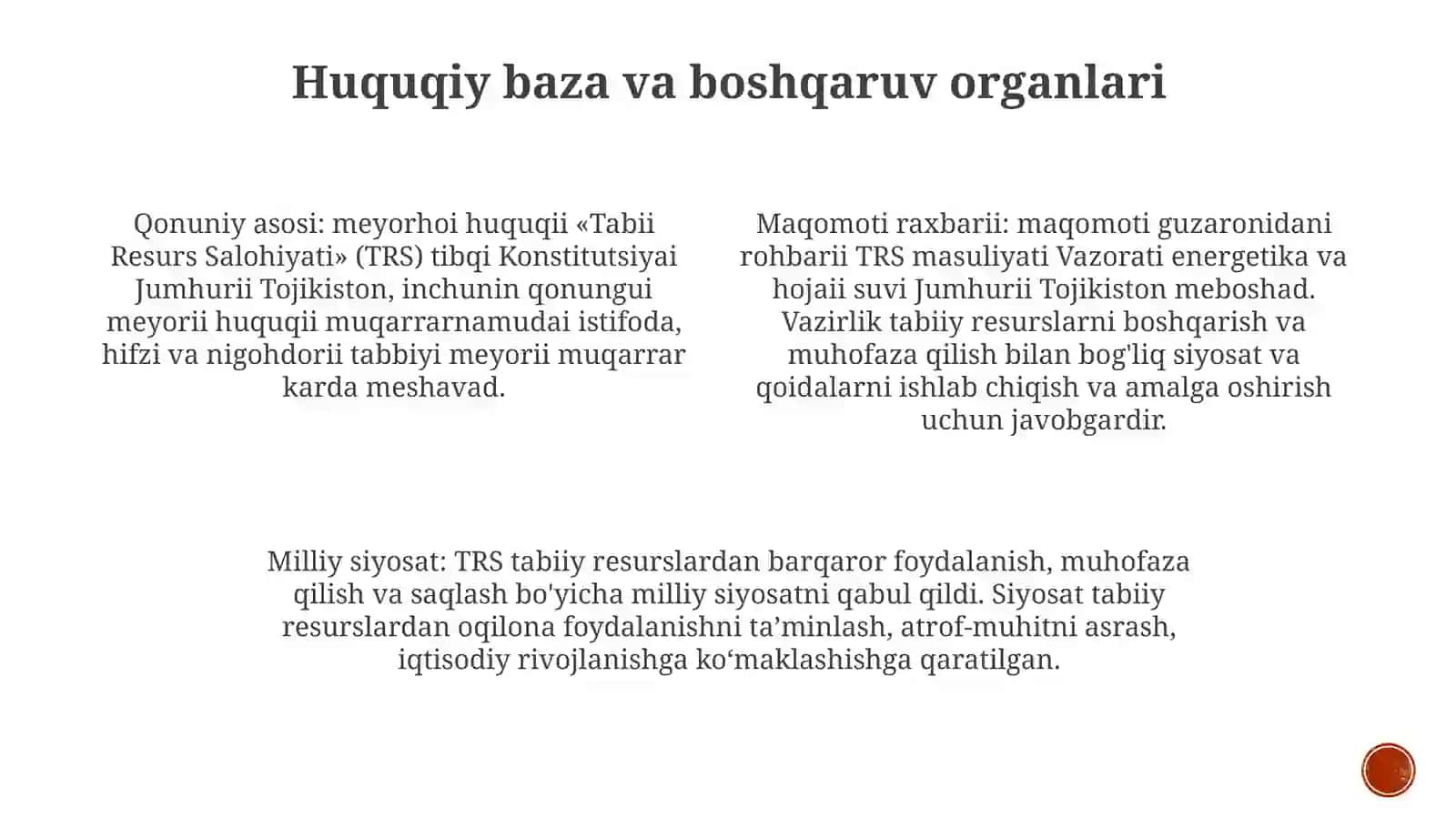 Maʼmuriyati tabiiy resurslari Tojikiston: Tojikiston tabiiy resurslari, shu jumladan oʻrmonlar, suvlar va foydali qazilmalardan foydalanishni nazorat qiladi 3
