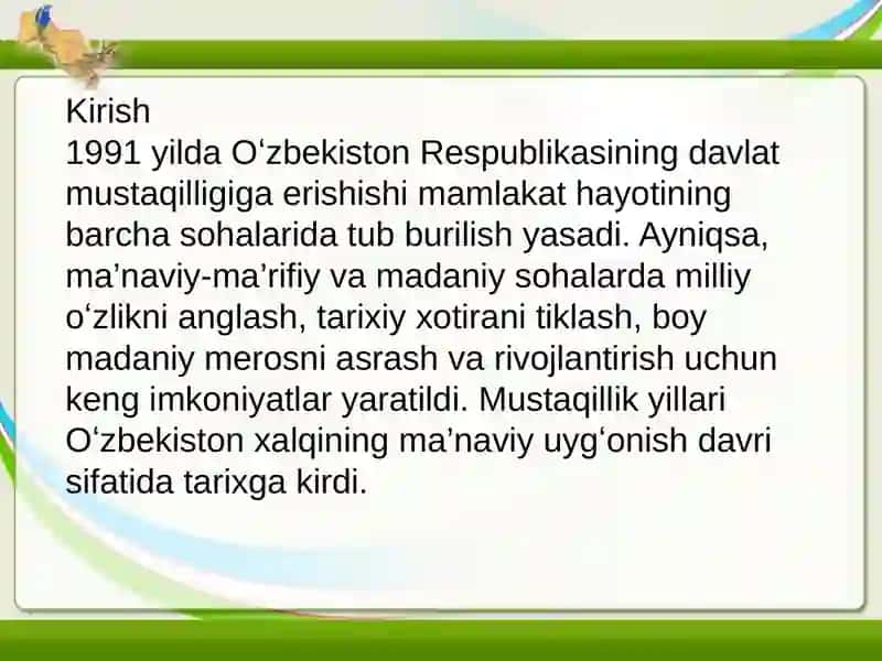 Mustaqillik yillarida O'zbekistondagi ma'naviy va madaniy taraqqiyot 3