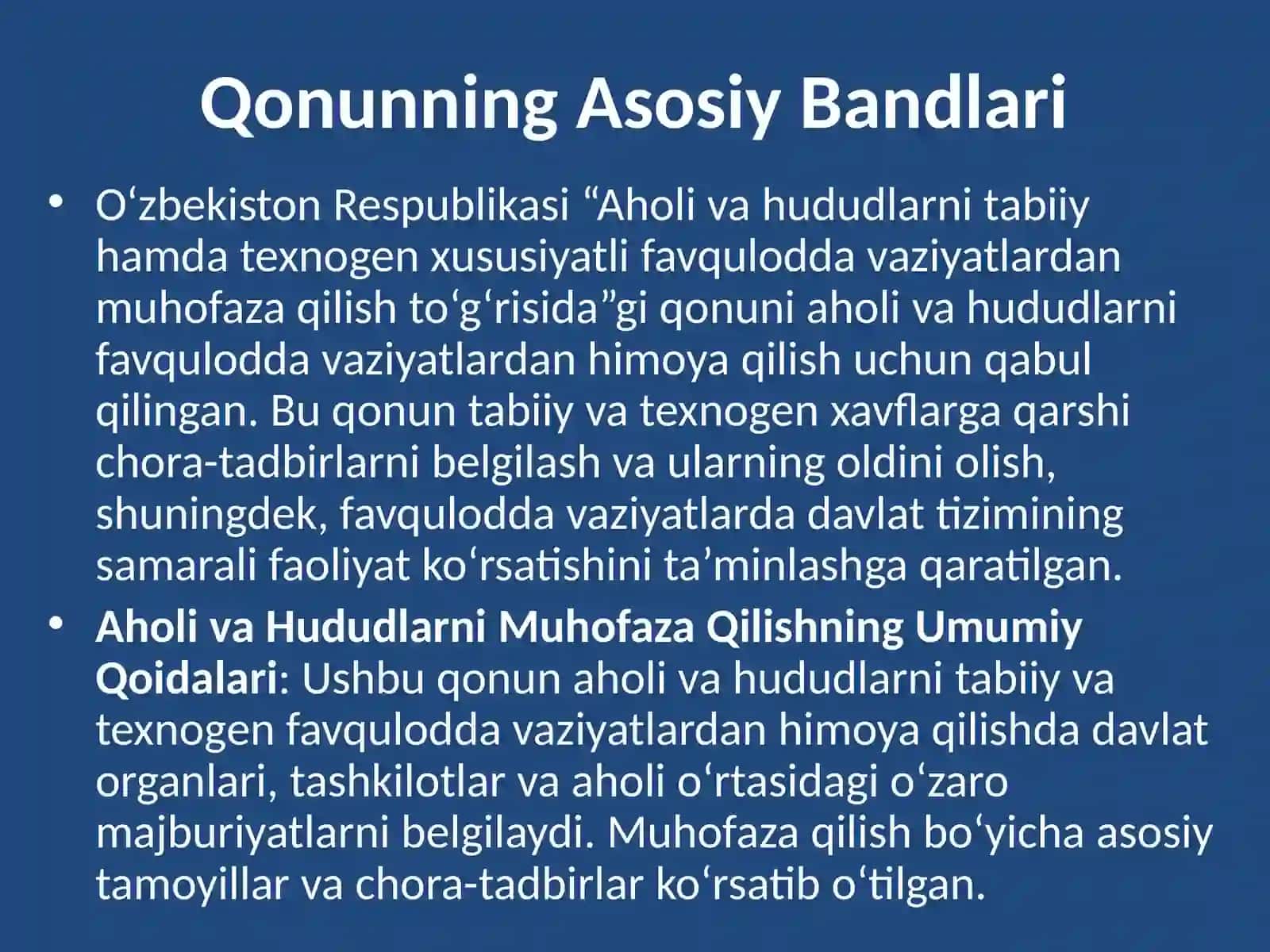 “Aholi va hududlarni tabiiy hamda texnogen xususiyatli favqulodda vaziyatlardan muhofaza qilish to`g`risida”gi qonun bandlarini o`rganish 3