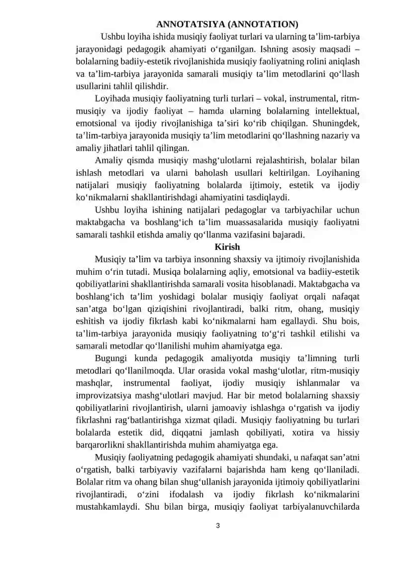 Musiqiy faoliyat turlari. Ta'lim-tarbiya jarayonida musiqiy ta'lim metodlarining o'rni ilmiy loyiha.docx 3