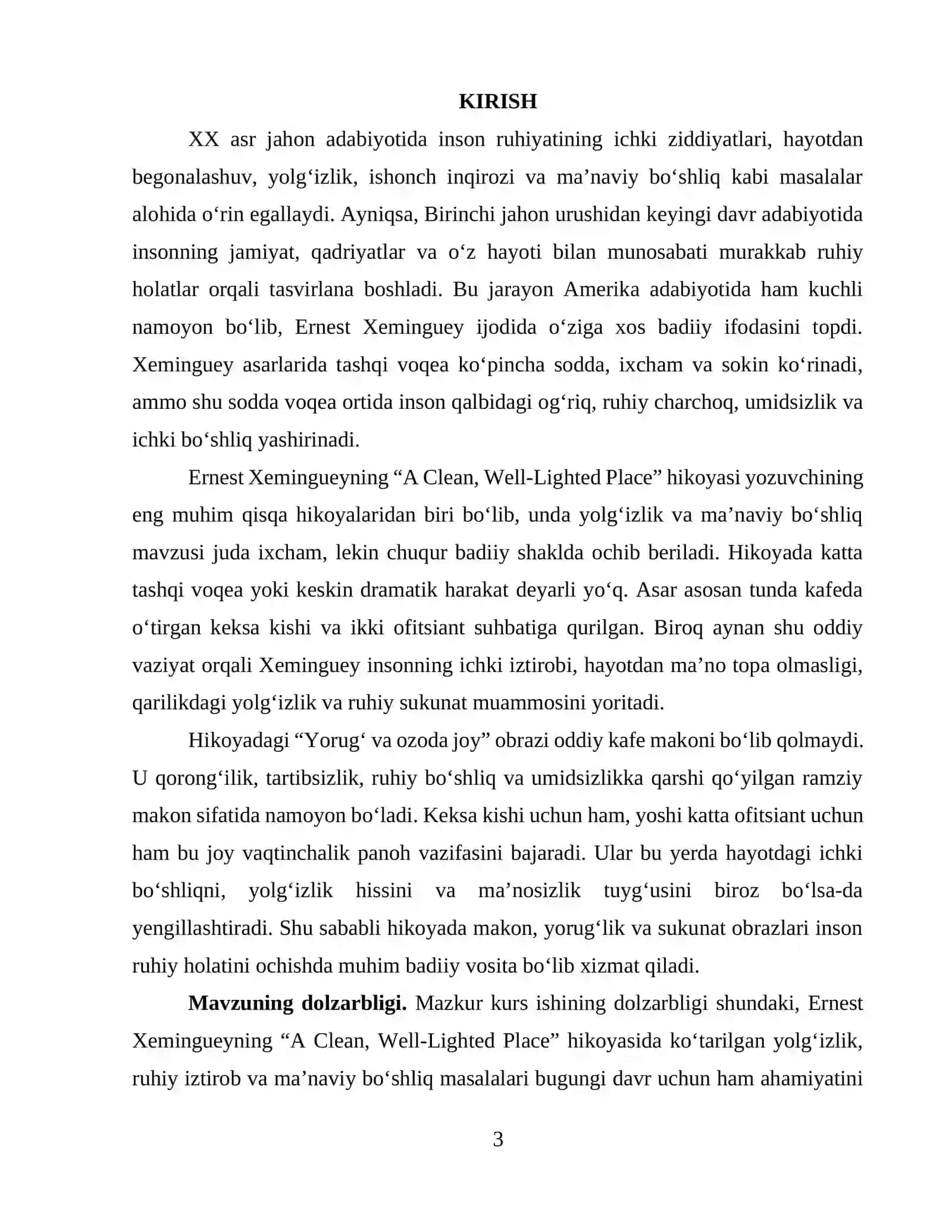 “ERNEST XEMINGUEYNING “A CLEAN, WELL-LIGHTED PLACE” HIKOYASIDA YOLG‘IZLIK VA MA’NAVIY BO‘SHLIQ” 3
