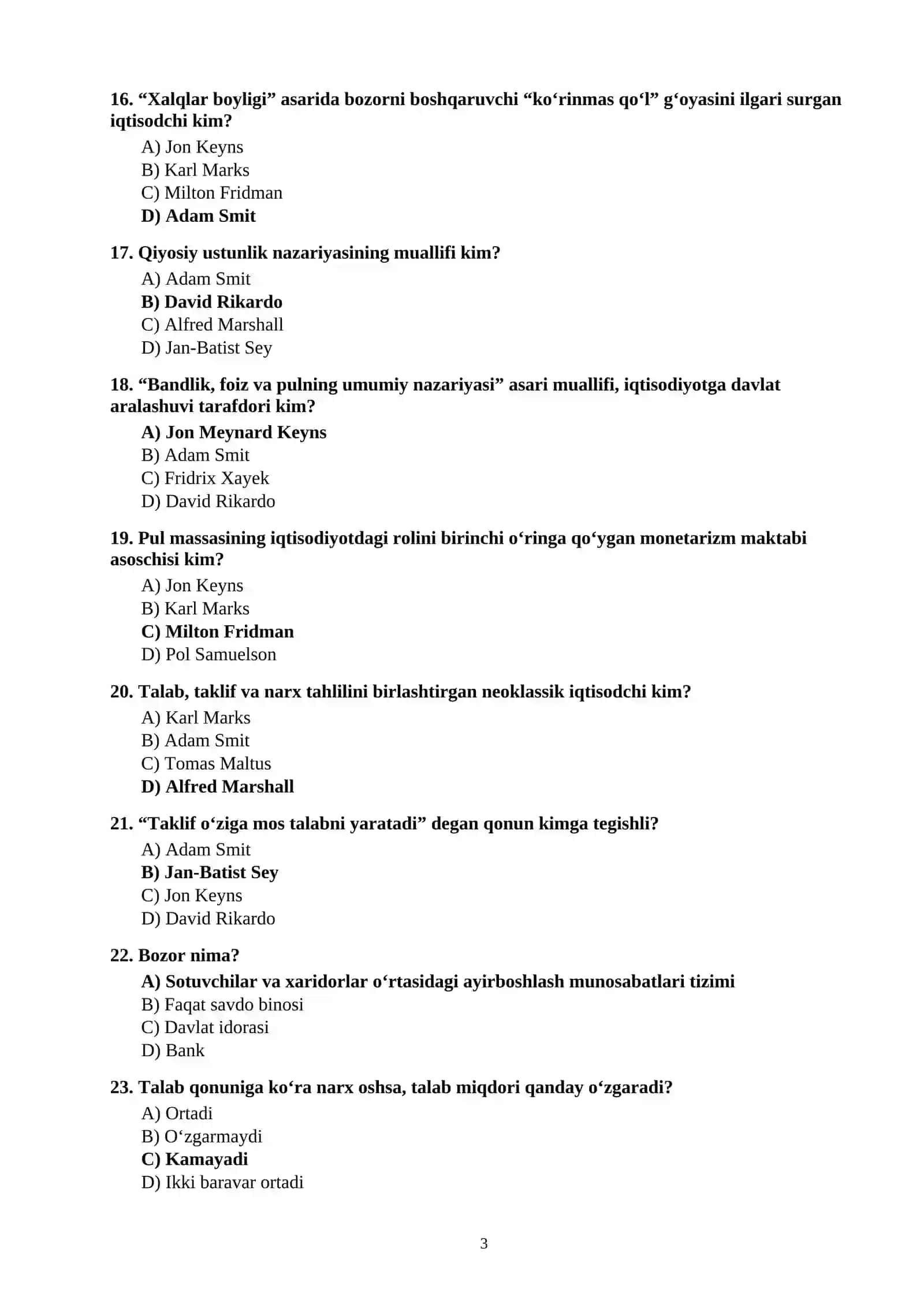 IQTISODIYOT” FANIDAN 100 TA TEST SAVOLLARI JAVOBLARI BILAN 3
