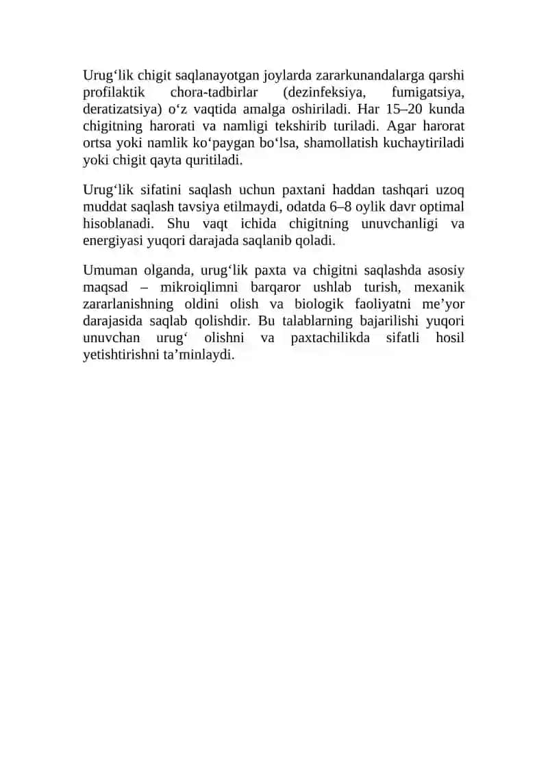 Saqlash omborlarida urug’lik paxtani, urug’lik chigitni saqlash qoidalari va  talablari. 3
