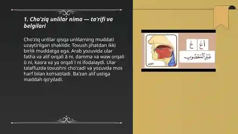 Cho'ziq va qisqa unlilar.م,ل,ك,ج harflarining yozilish shakllari va talaffuzi.Tanvinlar.So'zlar mashq qilish 3