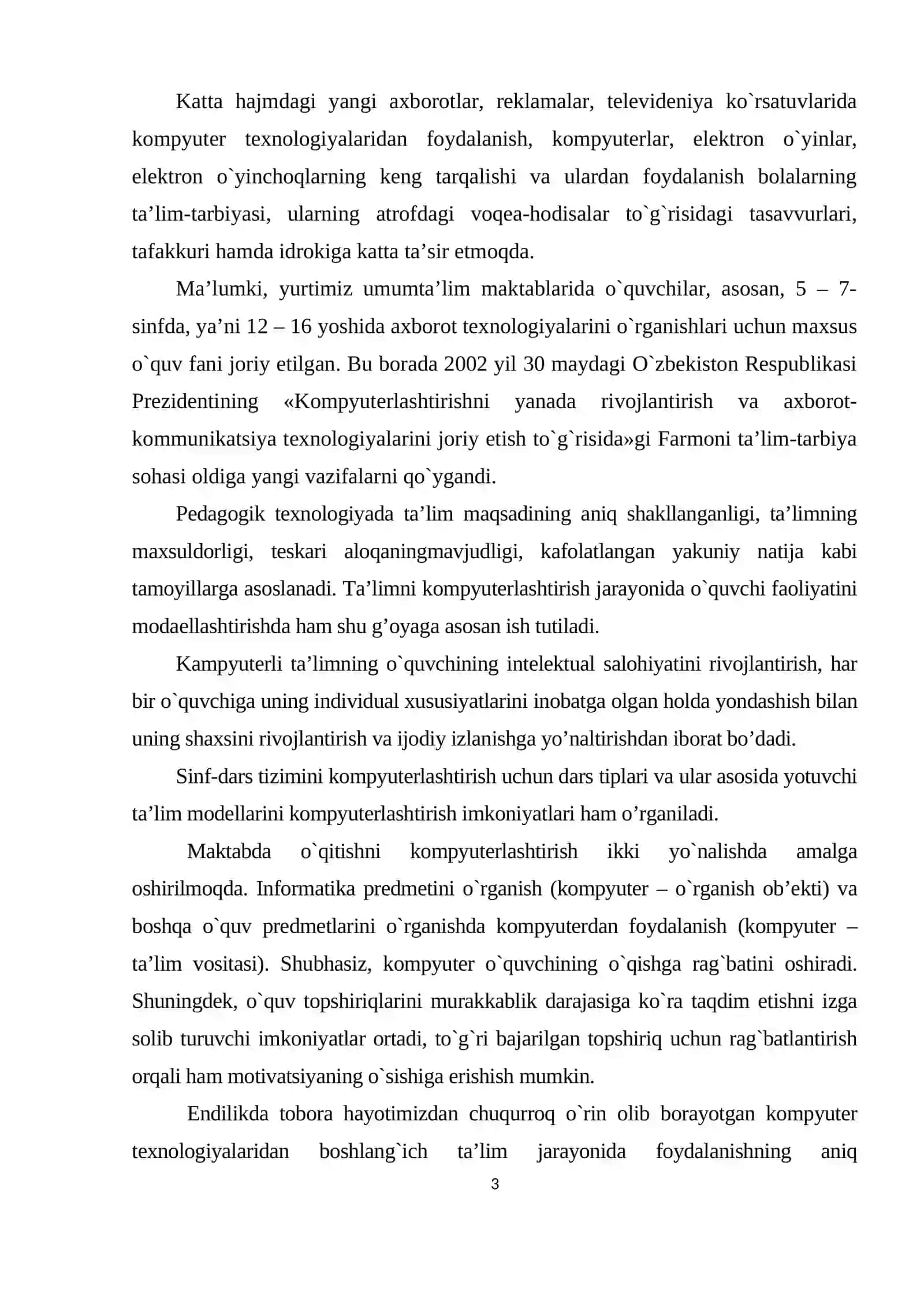Boshlang`ich ta`limo`qituvchi pedagogik faoliyatida kompyuter texnologiyasining o`rni 3