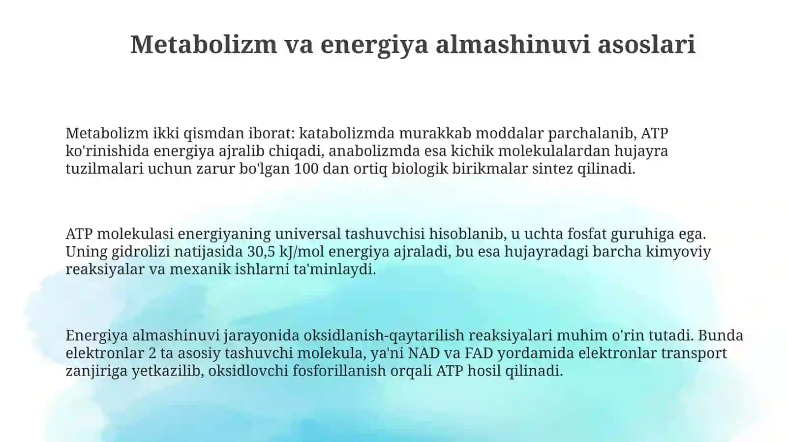 Metabolizm jarayonida energiya hosil boʻlishi va sarflanishi 3