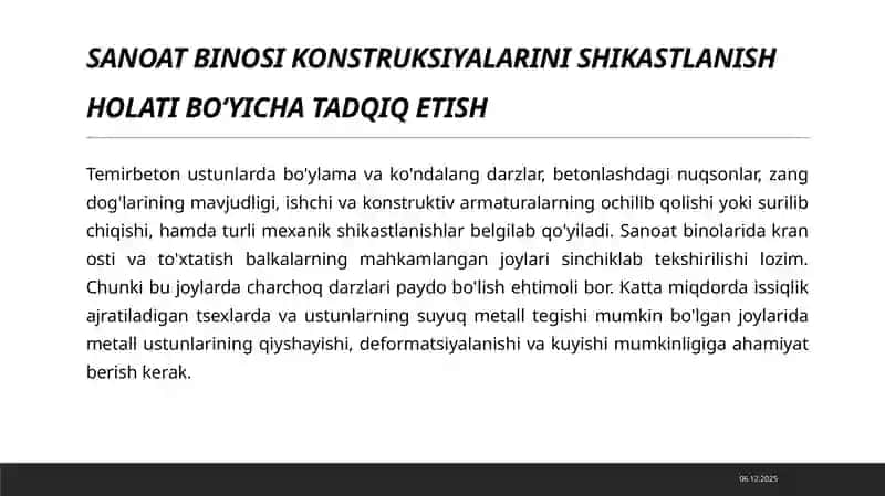 SANOAT BINOSI KONSTRUKSIYALARINI SHIKASTLANISH HOLATI BO‘YICHA TADQIQ ETISH 3