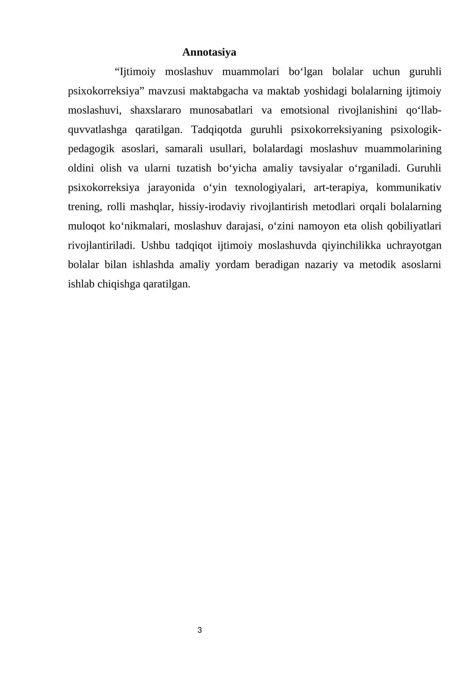 “Ijtimoiy moslashuv muammolari bo'lgan bolalar uchun guruhli psixokareksiya” 3