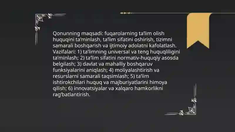 Oʻzbekiston Respublikasi "Taʼlim toʻgʻrisidagi"qonuni va uning mohiyati 3