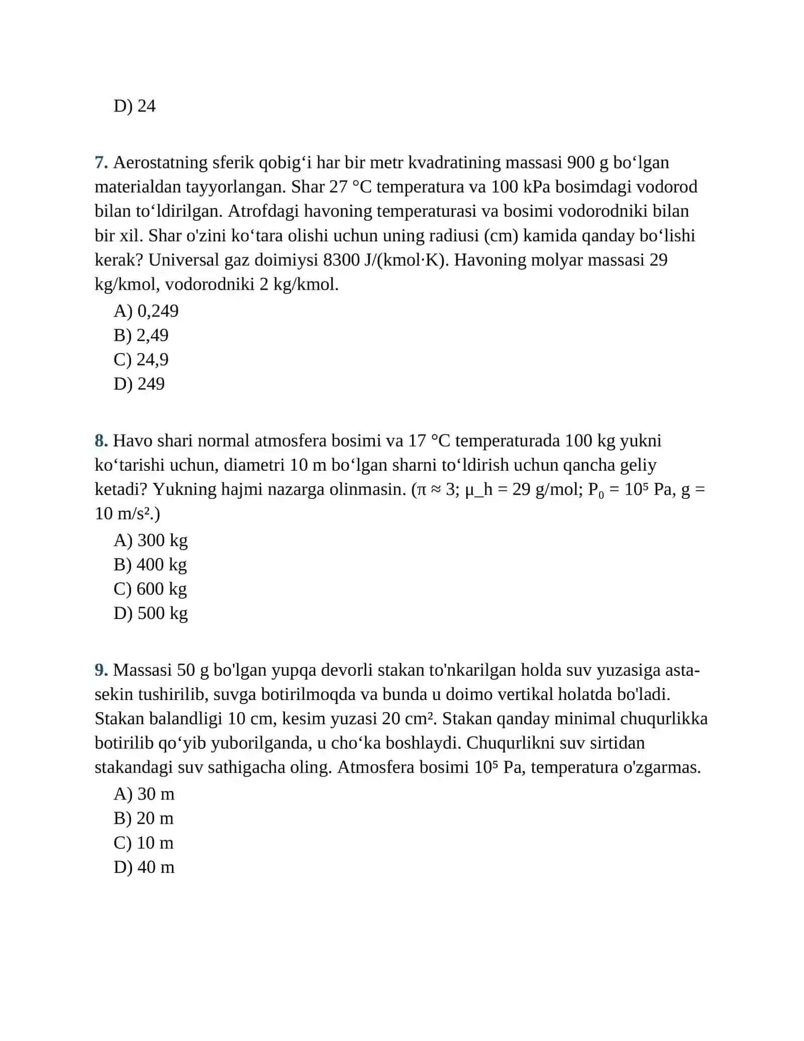FIZIKA ATTESTATSIYA TESTI (KALIT+QISQA YECHIMI BILAN) 3