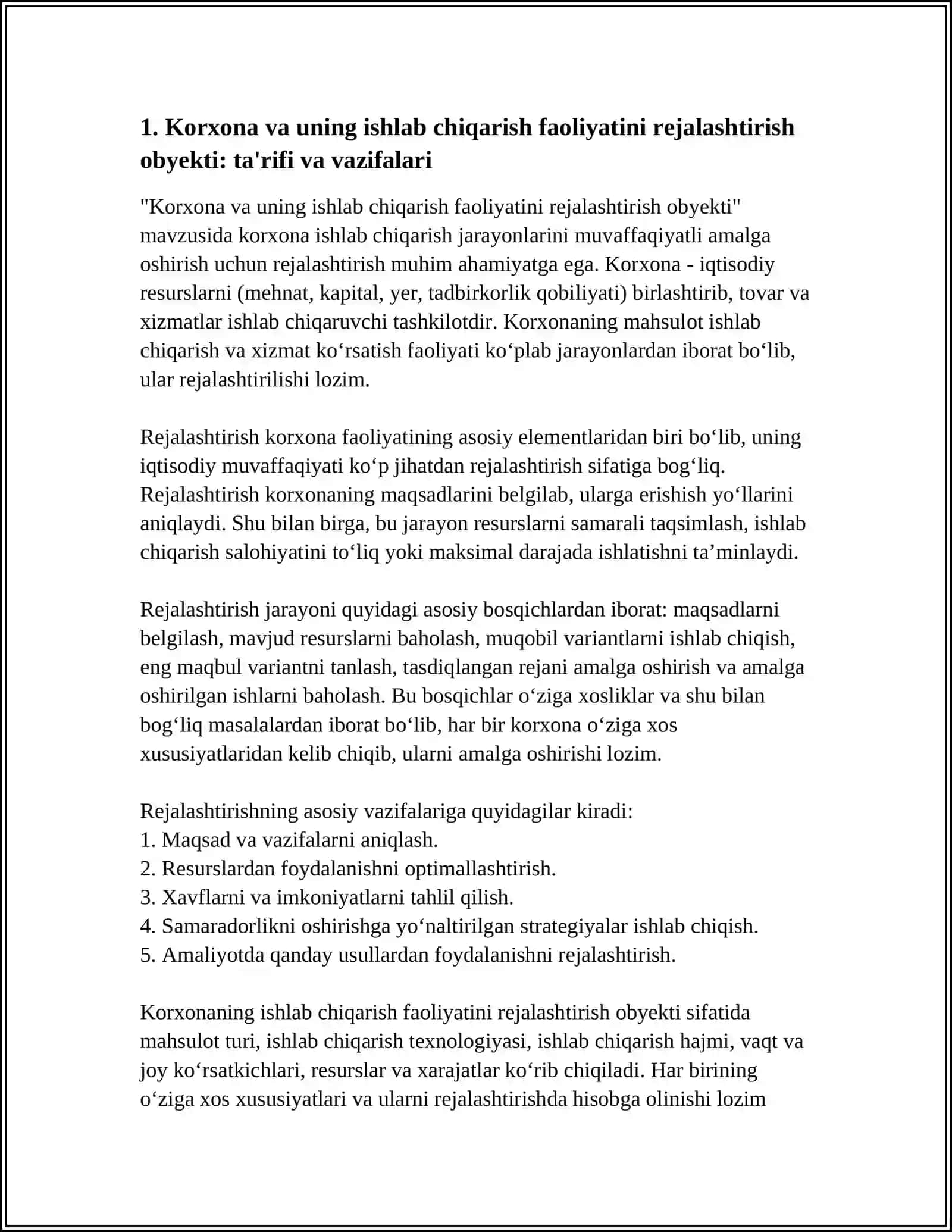 Korxona va uning ishlab chiqarish faoliyatini rejalashtirish obyekti 3