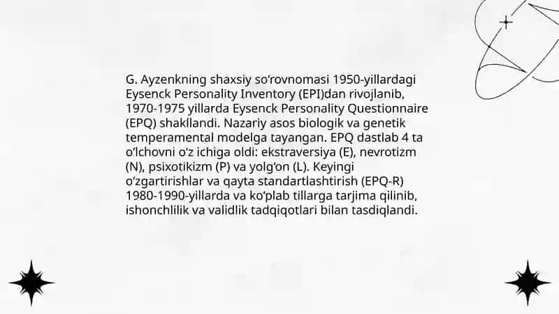 G.Ayzenk shaxsiy so‘rovnomasi (Temperamentni aniqlash metodikasi Sotsionika. V.V. Gulenko testi (Shaxs turlari. Munosabatlar jadvali) 3