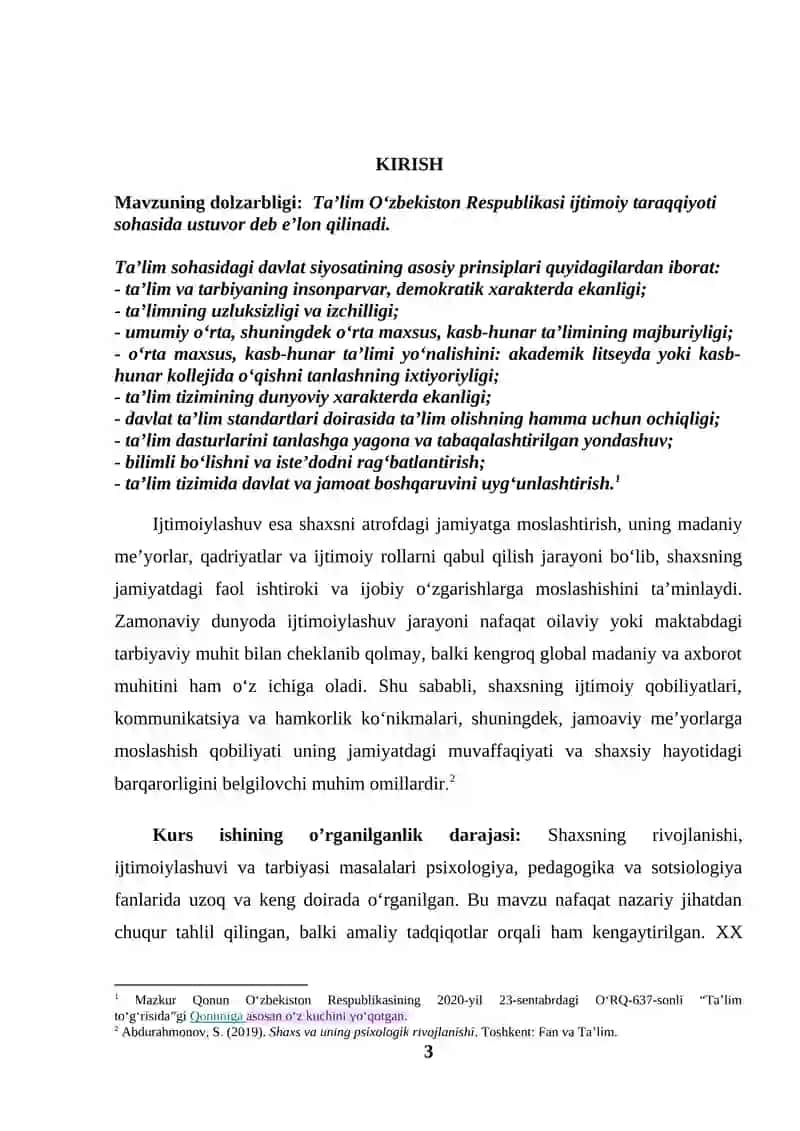 Shaxsning rivojlanishi, ijtimoiylashuvi va tarbiyasi (KURS ISHI) 3