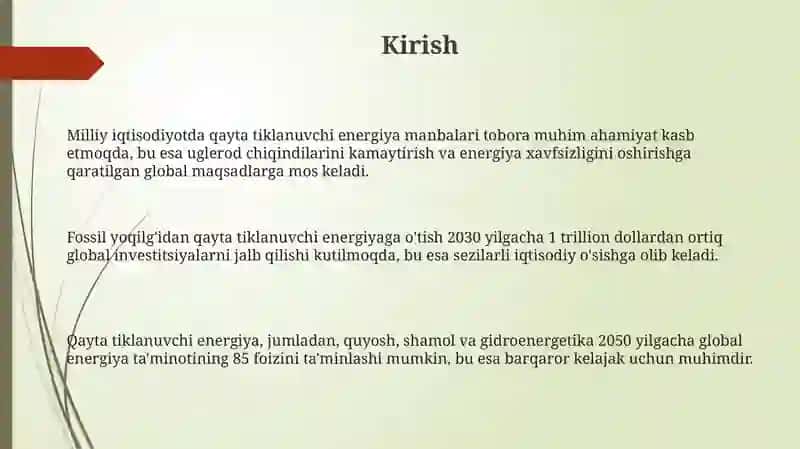Qayta tiklanuvchi energiya manbalarining xalq xo'jaligidagi ahamiyati 3