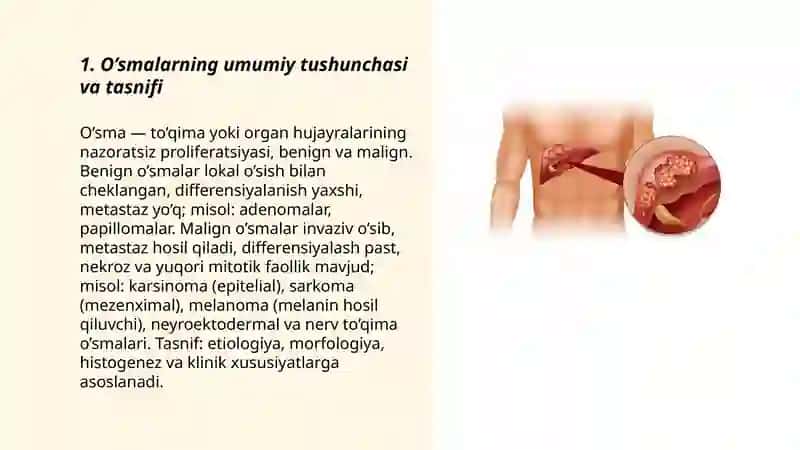 O’smalar. Epitelial o’smalar. Mezenximal to’qima o’smalari. Melanin xosil qiluvchi va nerv to’qimasining o’smalari 3