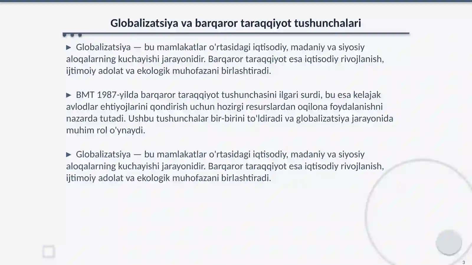 Barqaror taraqqiyot ta'minlashning glabalshuvning ijobiy va salbiy yo'nallari 3