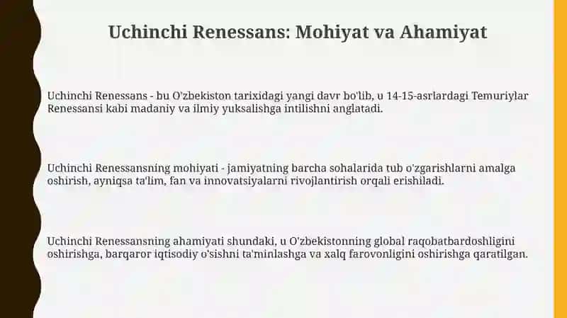 Uchinchi Renessans Yangi Oʻzbekiston taraqqiyotining tamal toshi 3