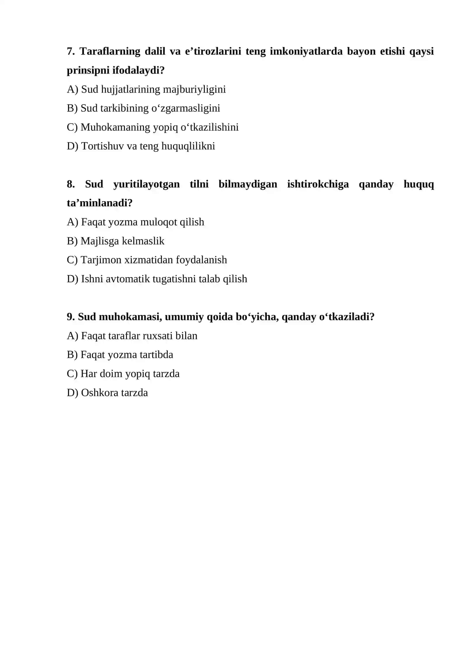 Fuqarolik sud ishlarini yuritishning vazifalari va prinsiplari TEST. 3
