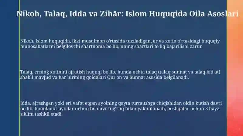 Nikoh, Talaq, Idda va Zihār: Islom Huquqida Oila Asoslari 3