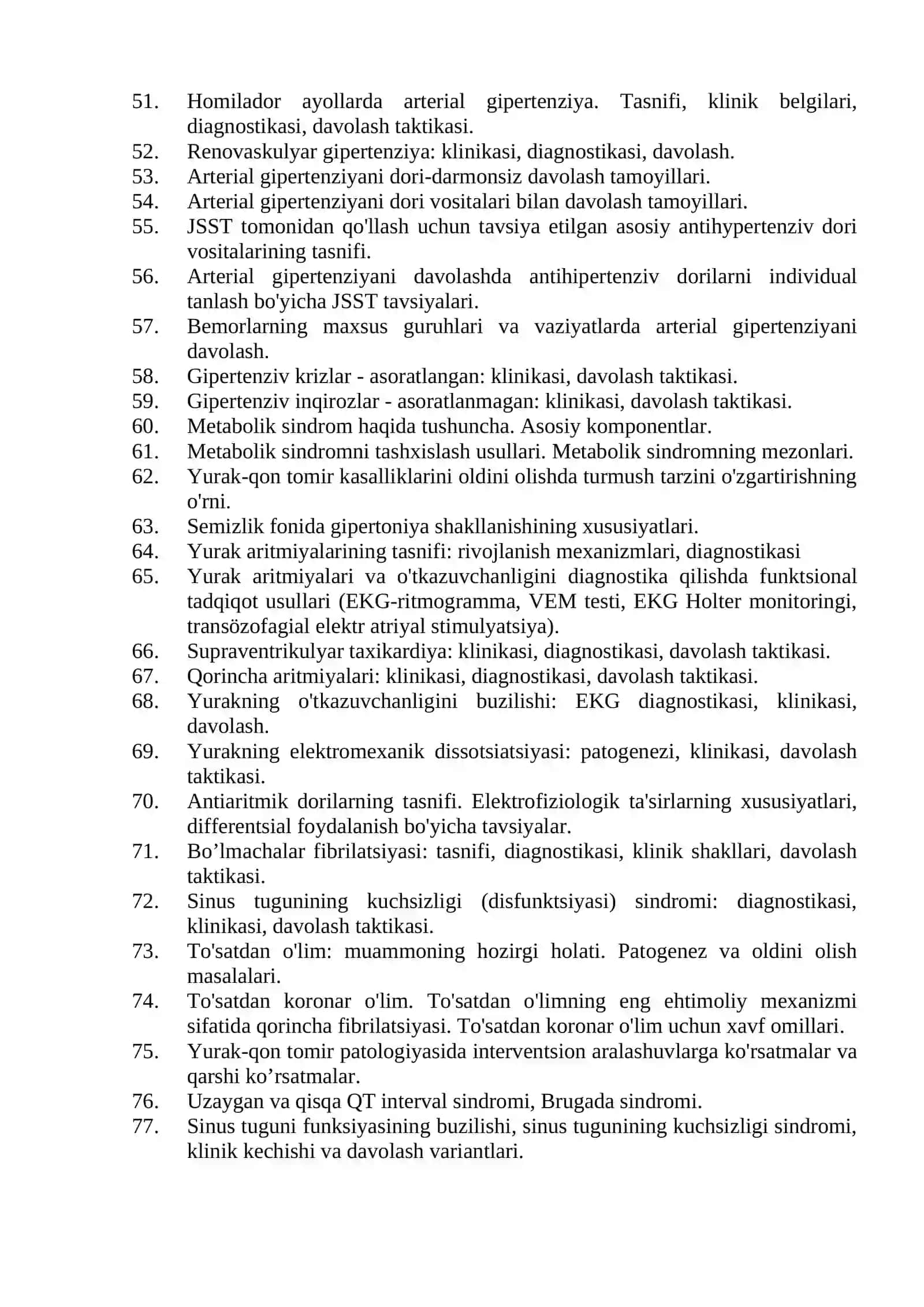 Kardiologiya mutaxassisligi bo'yicha shakllantirilgan og'zaki savollar ro'yxati 3