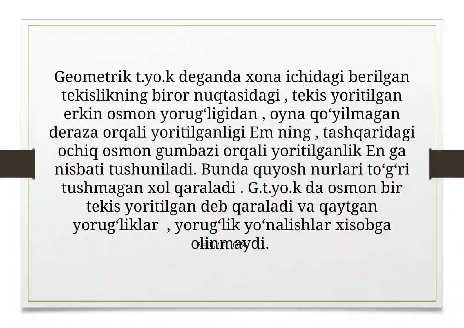 Geometrik tabiiy yoritish koeffitsiyentini analitik yo‘l bilan va Danilyuk grafigiga asoslanib xisoblash.  Meridian bo‘yicha ravshanlikni notekis tarqalishini xisobga oluvchi koeffitsientni aniqlash. 3