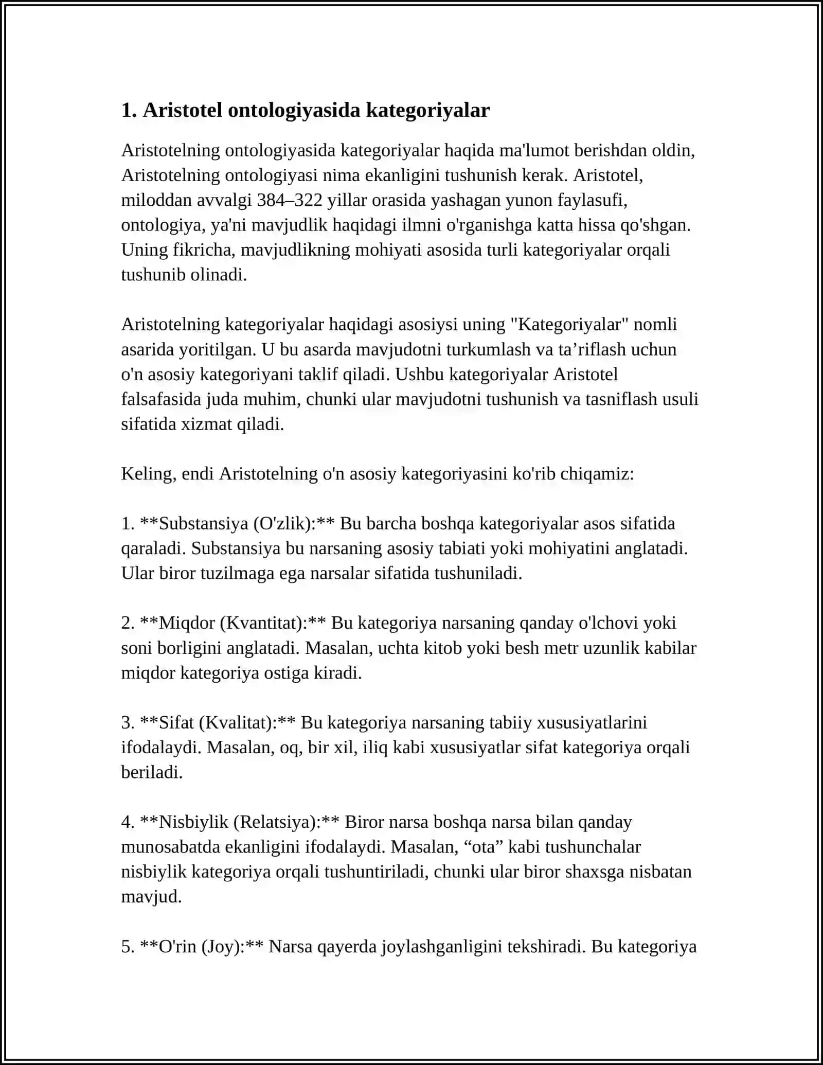 ARISTOTEL, FOROBIY VA KANT ONTOLOGIYASIDA KATEGORIYALARNING TASNIFI 3