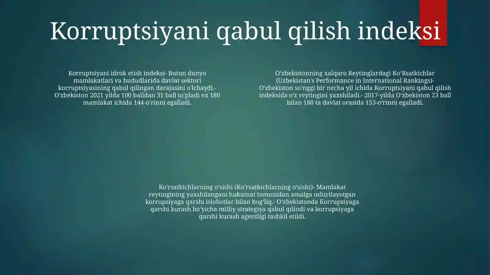 OʻZbekistonning Xalqaro Reytinglardagi KoʻRsatkichlar 3