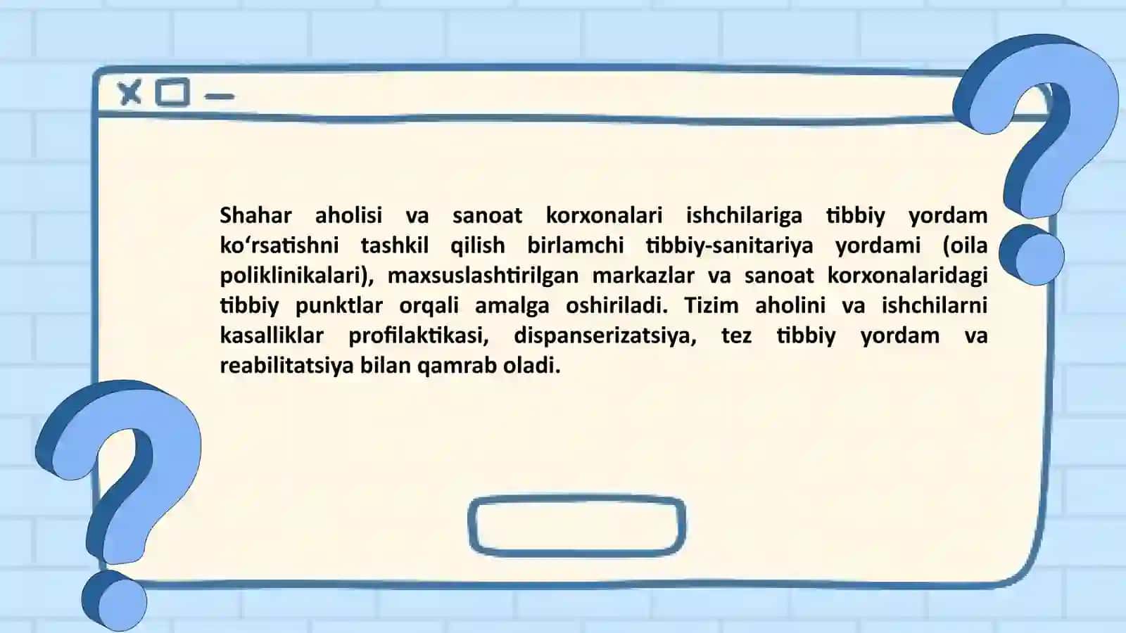 Shahar aholisi va sanoat korhonalari ishchilariga tibbiy yordam korsatishni tashkil qilish 3