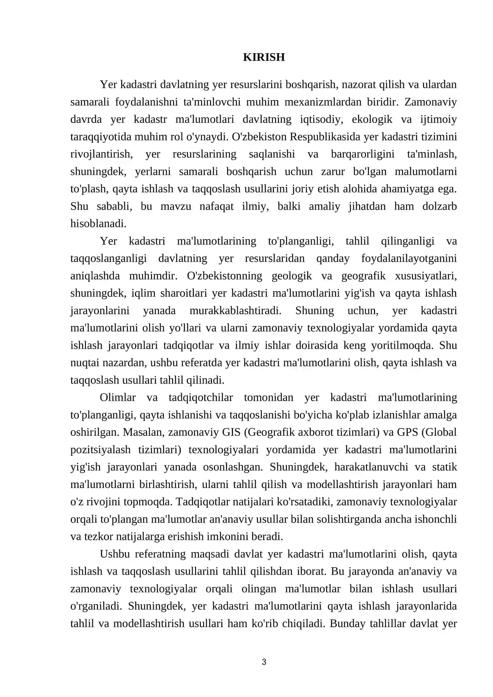 Davlat yer kadastri malumotlarini olish, qayta ishlash va taqqoslash usullari. Yer kadastr malumotlarni olish yo'llari 3