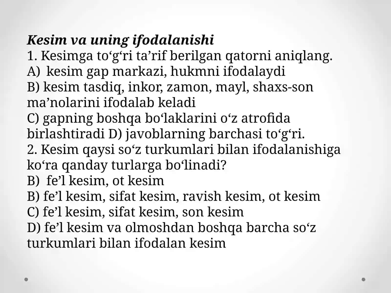 Gapning bo‘laklarga ajratilishi yuzasidan test 3