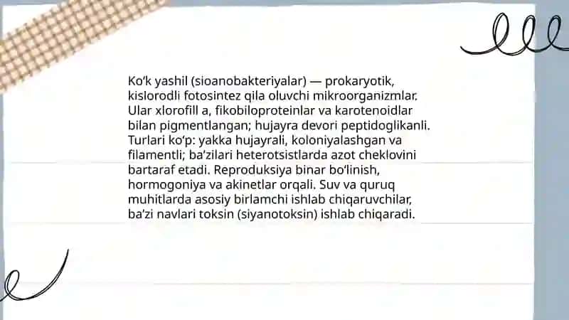 Koʻk yashil, sioanobakteriyalar, suv oʻtlarini umumiy tasnifi 3
