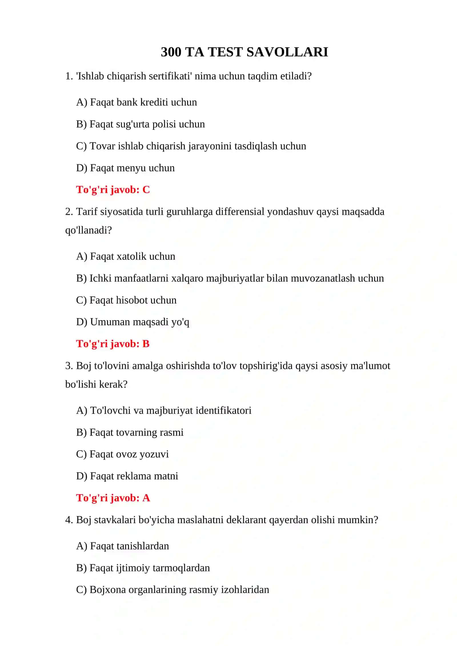 BOJXONA TARIFI 300 TA TEST 3