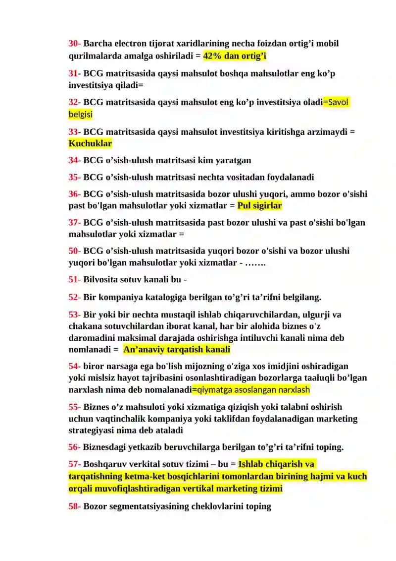 Principles of Marketing fanidan yakuniy nazorat testlari - JAVOBLARI 3