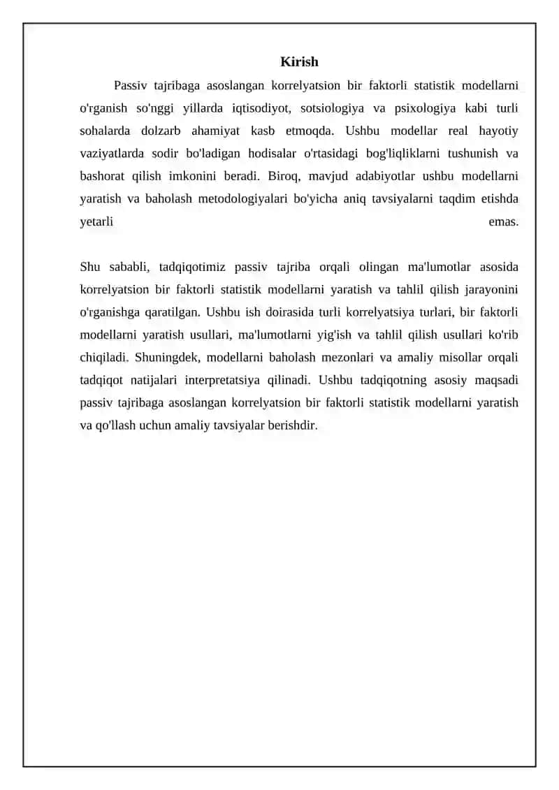 Passiv tajribaga asoslangan korrelyatsion bir faktorli statistik modellar: Asosiy tushunchalar va metodologiya 3