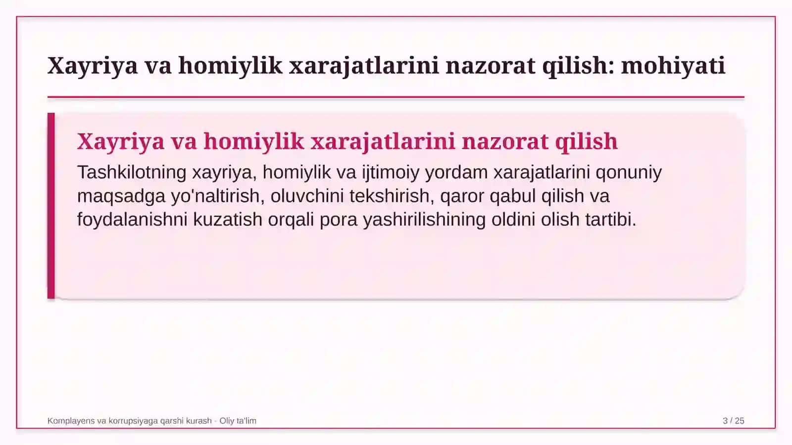 Komplayens va korrupsiyaga qarshi kurash · Oliy ta'lim 3