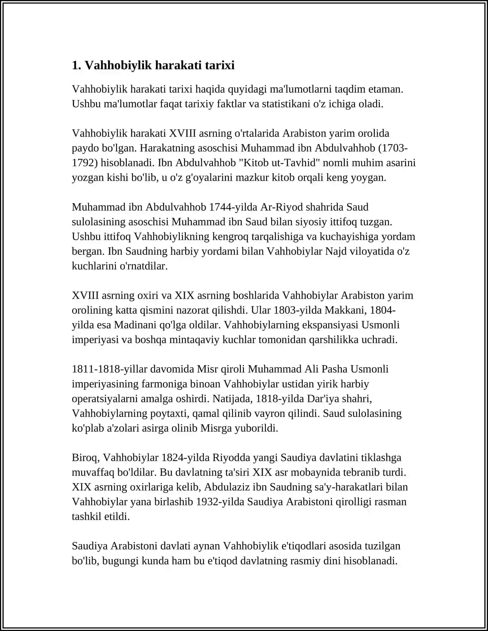 VAHHOBIYLIKNING YUZAGA KELISHI VA UNING ASOSIY G‘OYALARI. ARAB YARIM OROLIDAGI IJTIMOIYSIYOSIY, TARIXIY VAZIYAT 3